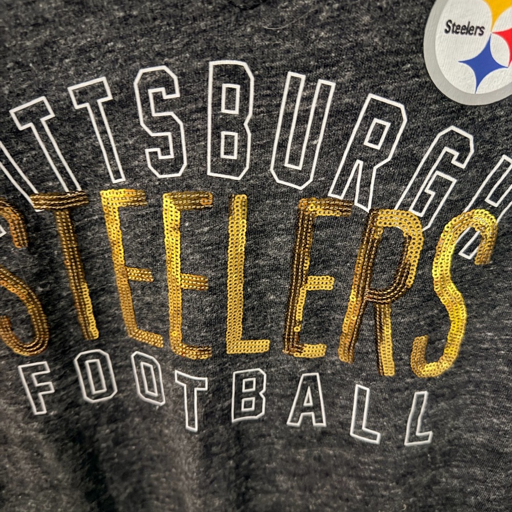 Pittsburgh Steelers Women's Gray V-Neck Tee Steel City Black & Gold Bling - Picture 2 of 4